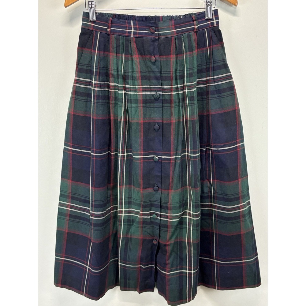 Vtg Talbots Plaid Midi Skirt Womens 10 Blue Tartan Button Front Old Money Preppy